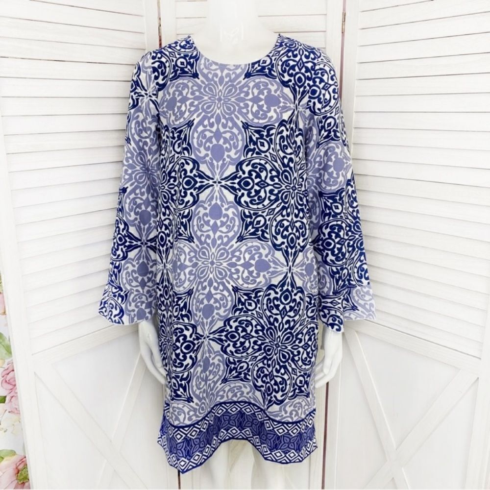 Buckhead Bettie’s Savannah Scroll Print Tunic Dress Blue Small‎ Long Sleeve